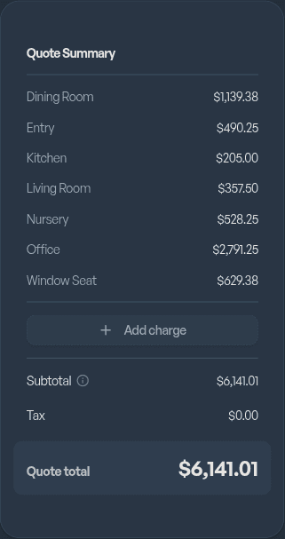 Pleat Quote Summary card with itemized rooms and the final quote total