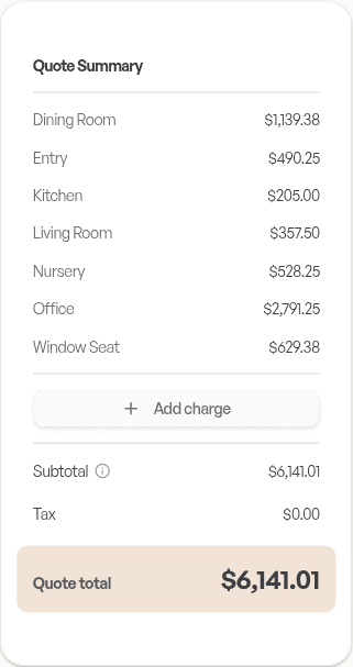 Pleat Quote Summary card with itemized rooms and the final quote total