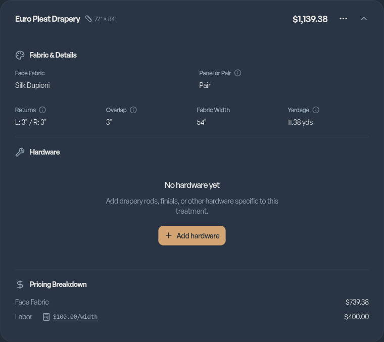 Expanded treatment row showing fabric details, hardware, and pricing breakdown with line-item costs