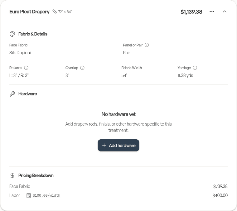 Expanded treatment row showing fabric details, hardware, and pricing breakdown with line-item costs