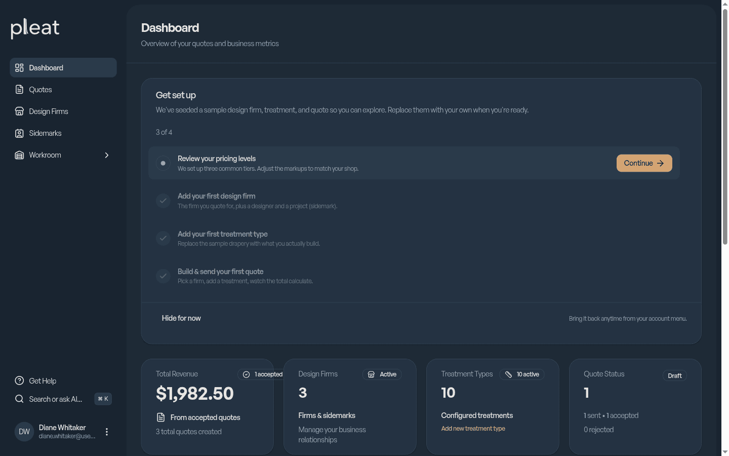 Dashboard summary stat cards showing total revenue, design firm count, treatment types, and quote pipeline status