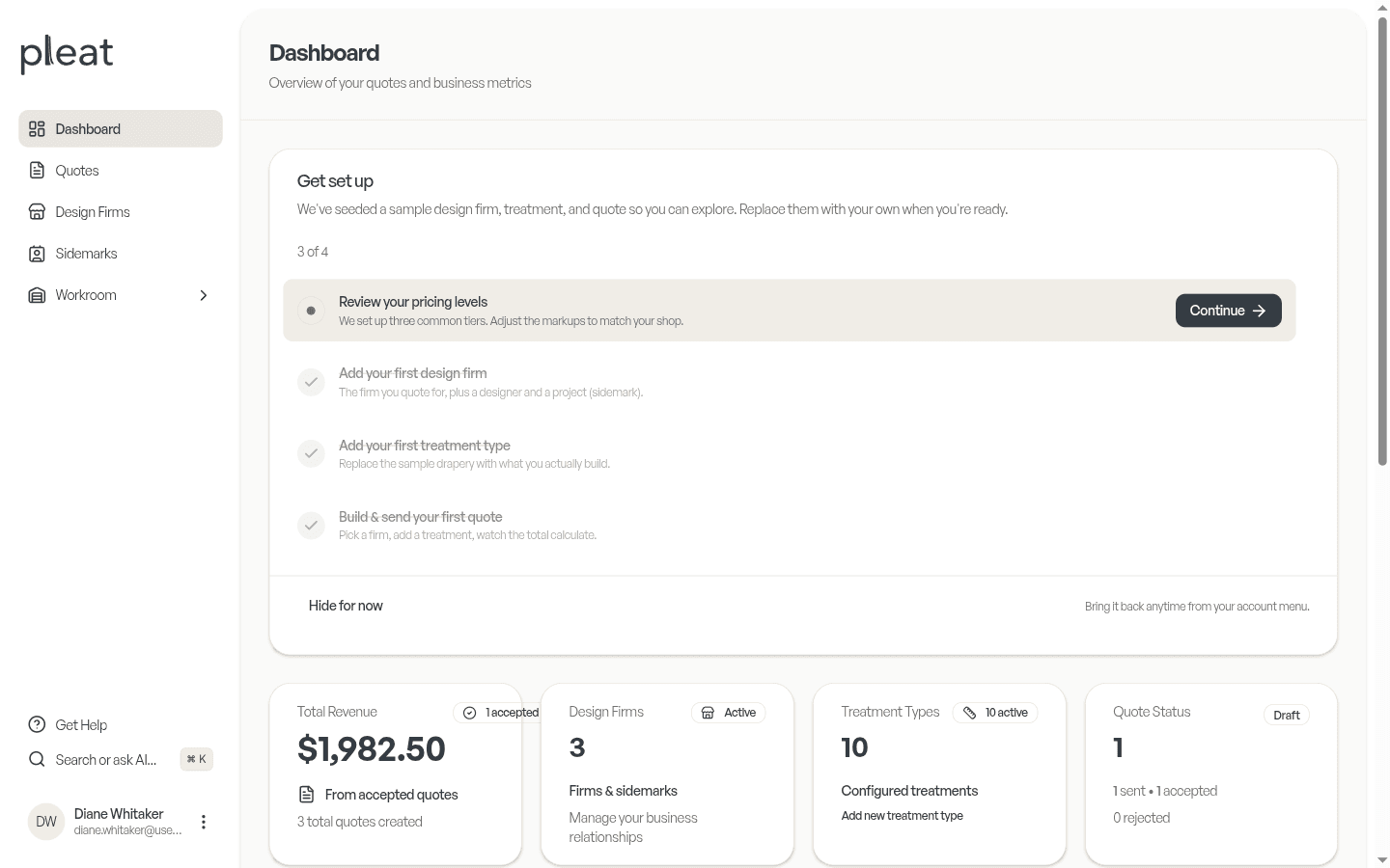 Dashboard summary stat cards showing total revenue, design firm count, treatment types, and quote pipeline status