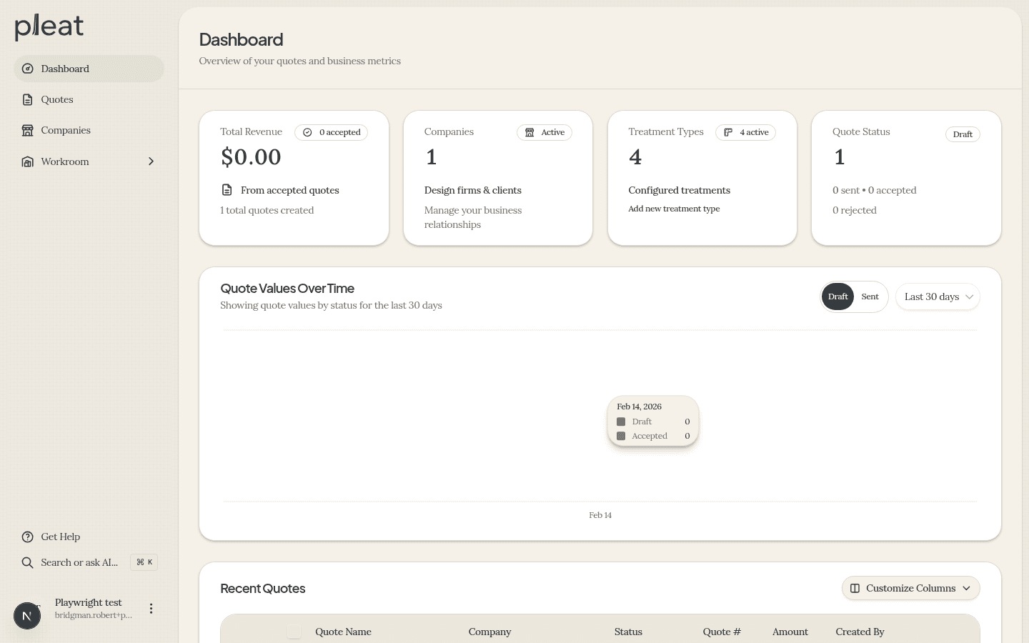 Pleat dashboard with project pipeline and status tracking