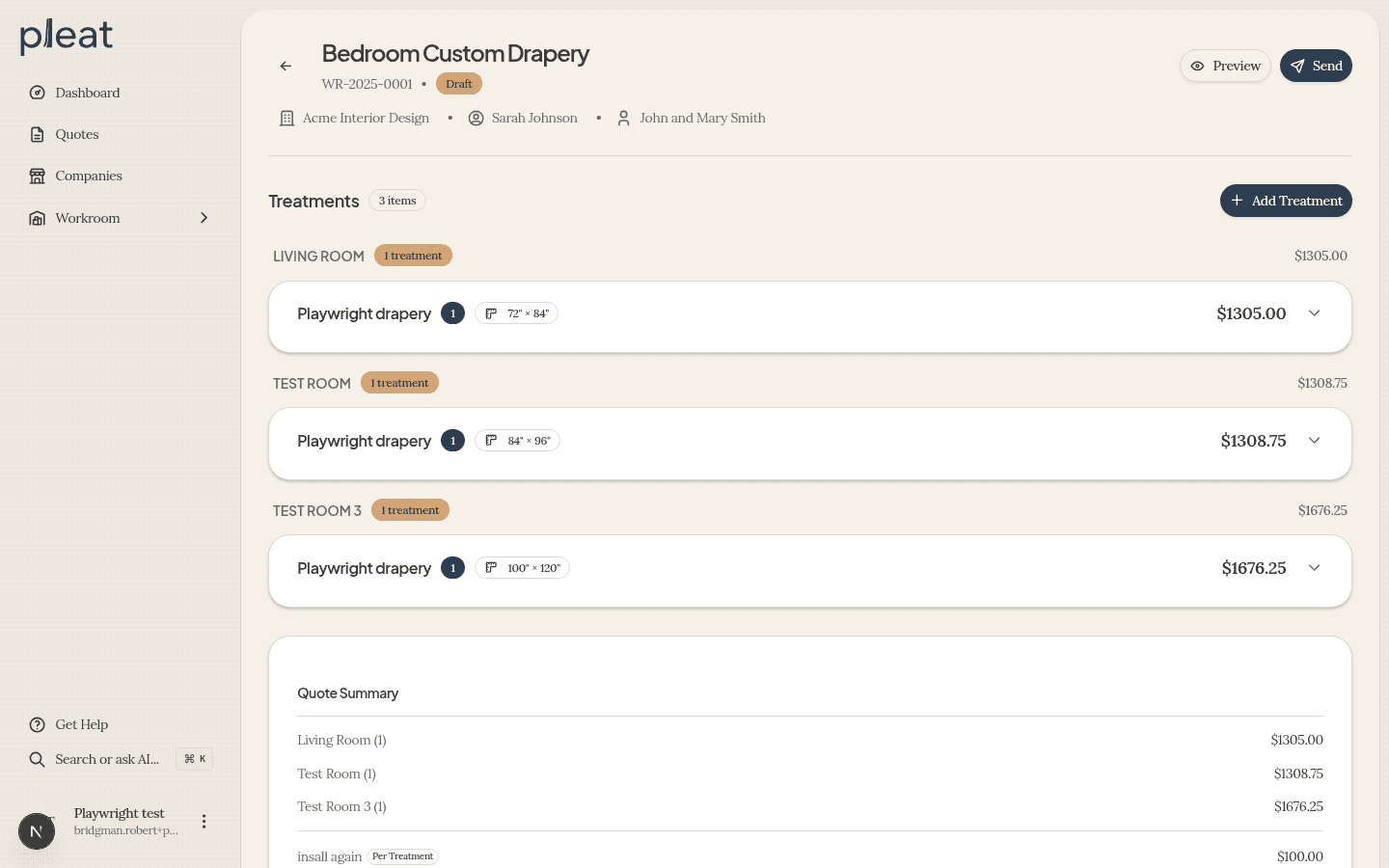 Pleat quoting interface showing detailed treatment calculations
